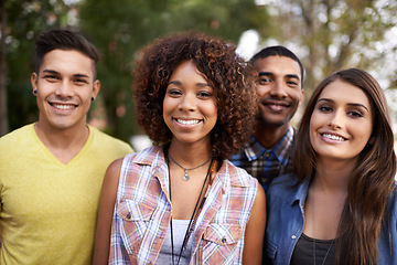 Image showing Portrait, smile and group with diversity, sunshine and nature with weekend break, friends and reunion. Happiness, people and men with women and outdoor with summer and cheerful with fun and support