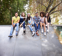 Image showing Portrait, happy and group of teenagers at skatepark in city for bonding, having fun and sitting together. Smile, diversity and young gen z friends in with skateboard in town for practice or training.