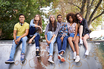 Image showing Serious, portrait and group of friends at skatepark for bonding, skating and sitting together. Gen z, diversity and young people with skateboard for practice or training for competition together.