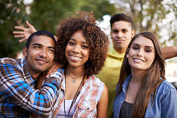 Image showing Portrait, smile and group with diversity, sunshine and nature with weekend break, friends and reunion. Happiness, people and men with women and outdoor with summer and cheerful with fun and support