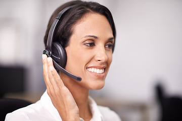 Image showing Happy woman, consultant and call center with headphones for customer service or support at office. Face of female person, agent or employee with smile in online advice, mic or consulting at workplace