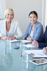 Image showing Portrait, smile and business meeting for female colleagues, boardroom and desk with boss. Collaboration, teamwork and employee for corporate career with senior manager, tablet and paperwork in office
