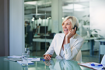 Image showing Business woman, phone call and talk in boardroom with networking and smile in an office. Mobile, professional and operations research analyst of a company with discussion at a corporate workplace