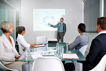 Image showing Presentation, business people and speaker with projector screen, portrait with planning meeting and info in conference room. Data analysis, statistics and research for corporate project with team