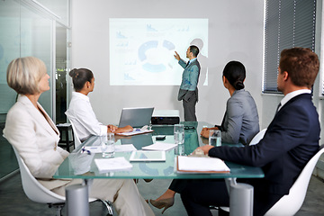 Image showing Presentation, business people and presenter with projector screen, graphs for planning meeting and info in conference room. Data analysis, statistics and research for corporate project with team
