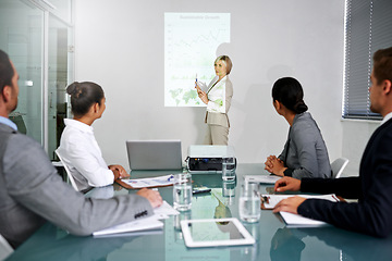 Image showing Presentation, business people and leader with projector screen, graphs for planning meeting and information in conference room. Data analysis, statistics and research for corporate project with team