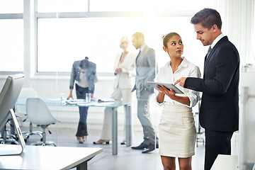 Image showing Business meeting, conversation and tablet with corporate work with discussion for project and teamwork. Staff, startup and company with planning and professional talk for digital consultant office