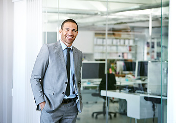 Image showing Confident, portrait and man in conference room at office for business as realtor in London with happiness. Professional, entrepreneur or expert real estate agent for development in corporate property