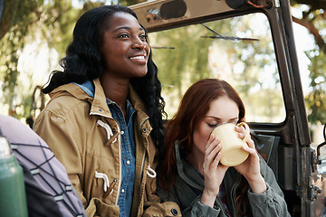 Image showing Happy women, tea or relax on road trip in nature or travel adventure for leisure in countryside. Ladies, drinking and coffee in suv on summer holiday, care and bonding together for tourism in texas