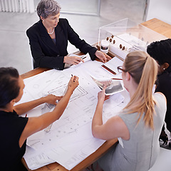 Image showing Architecture, blueprint or civil engineering team drawing for development project and planning on paper. Women, people or group of designers with ideas for sketching floor plan of office building