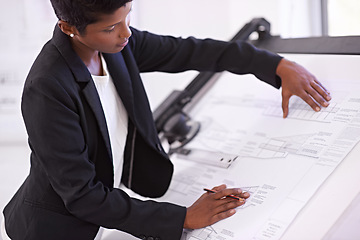 Image showing Architect, civil engineering or black woman drawing on blueprint or paper model for development project. Measure, creative or female designer with ruler for sketching floor plan of office building