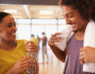 Image showing People, drinking water and hydration in dance studio, smile and relax from practice or learning routine. Partners, mineral liquid and happy for rest, break and nutrition for exercise or workout