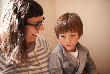 Image showing Home, son and mother with smile, happiness and bonding together with weekend break and single parent. Conversation, mama or boy with discussion and funny with childhood and cheerful with kid or relax