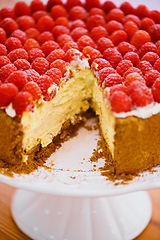 Image showing Food, dessert and cheesecake for bakery, raspberries and sweet snack for eating. Fruit, cream and cake stand for display on table in pastry restaurant, creamy and luxury baked confection with berries