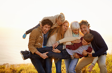 Image showing Grandparents, parents and kids fun portrait in nature, spring in countryside. Exercise, excited with generations playing with child, happy in field on vacation with family together in calm outdoors