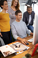 Image showing Business people, computer and collaboration on magazine project in office, smile and teamwork. Colleagues, creative agency and internet for planning, designers and website for research on ideas