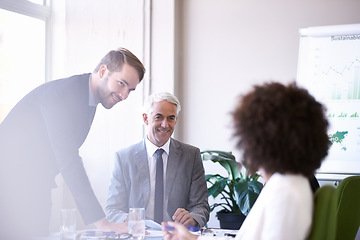 Image showing Team, idea and man smile with boss in office for meeting with plan from employee for growth of business. Corporate, CEO and male person happy with girl, staff and worker in professional workplace