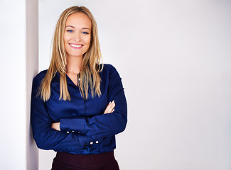 Image showing Portrait, professional and businesswoman with smile, mockup and confident with happiness. Female person, entrepreneur and career on white background with pride or joyful woman with arms crossed