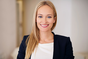 Image showing Businesswoman, portrait and happy with smile in home office, self employed and lawyer or attorney for legal advice. Female person, confident and professional woman with corporate career or business