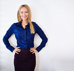 Image showing Mockup, portrait and business person with smile, professional and confident with happiness. Woman, entrepreneur and career on white background with pride or joyful for project or startup in studio