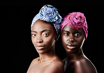 Image showing African, scarf and portrait of women in studio for wellness, health and traditional hairstyle. Culture aesthetic, natural beauty and people with accessories, cosmetics and makeup on black background