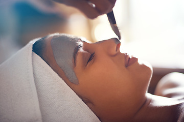 Image showing Woman, wellness and mask in spa for skincare, beauty and cosmetic treatment for break or peace. Young person and natural for holistic therapy for facial, clean and hygiene with product for peel