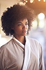 Image showing Spa, woman and thinking with skin care in a bathrobe for wellness, cosmetics and beauty treatment. Health, calm and resort with an African female person ready for dermatology at a hotel with a idea