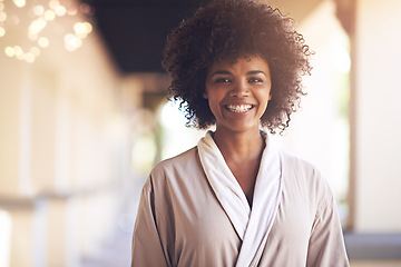 Image showing Spa, woman and happy portrait in a bathrobe for wellness, cosmetics and beauty treatment. Health, skincare and resort with an African female person ready for dermatology at a hotel with a smile