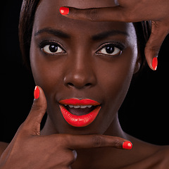 Image showing Black woman, lipstick and nail polish with hands for beauty cosmetics and surprise with bright makeup on dark background. Portrait, wow and orange lip balm with manicure, frame and cosmetology