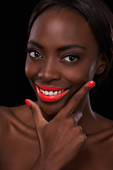 Image showing Black woman, lipstick and nail polish for beauty with smile, cosmetics and bright makeup on dark background. Bold, vibrant and orange lip balm with manicure, cosmetology and glamour in studio