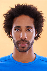 Image showing Confidence, serious and portrait of man on yellow background with style, casual clothes and outfit. Facial expression, model and face closeup of isolated person with attitude and pride in studio