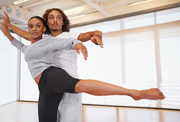 Image showing Woman, man and dancer with partner in studio for performance rehearsal with creative, balance and steps. Ballet, people and dancing with elegance, moving and training with creativity for art in class
