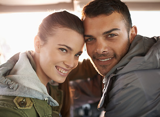 Image showing Road trip, couple or portrait to travel in car, bonding together or adventure for sightseeing in countryside. Man, woman or driving journey in vehicle in nature or relax face on holiday in cape town