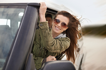 Image showing Woman, fun or car window as excited on road trip or getaway for travel and leisure in New Zealand. Smile, female person or traveler on driving holiday in motor transport as journey of exploration