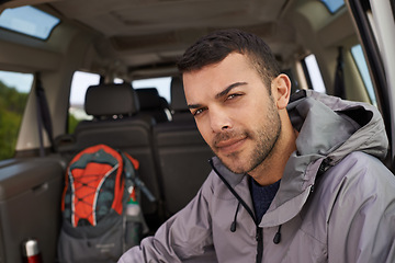 Image showing Portrait, man or suv to travel on adventure, holiday or road trip for hiking, leisure or recreation. Male person, hiker or relax or backpack for getaway, exploration and sightseeing in Colombia