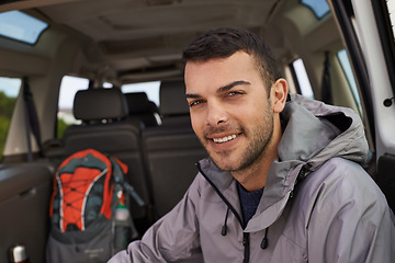 Image showing Portrait, man or car in hiking on adventure, holiday or road trip for travel, leisure or recreation. Male person, hiker or relax or backpack for getaway, exploration and sightseeing in Canada