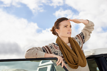 Image showing Road trip, car and thinking woman outdoor for view, location search or holiday, adventure and exploration. Travel and female person with vehicle in outside for route, planning or idea for journey