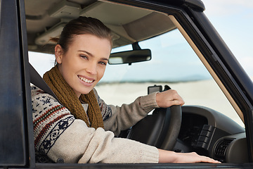 Image showing Portrait, woman or car window on adventure as exploration, travel or sightseeing in South Africa. Confident, female person or driver in motor transport for road trip as leisure, recreation or tourism