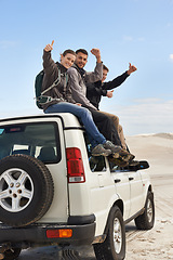 Image showing Road trip, friends and thumbs up on suv, portrait and route for sightseeing and driving adventure in nature. People, traveller and happy face on holiday by blue sky, journey and leisure on vehicle