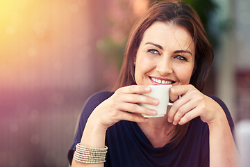 Image showing Woman, thinking and relax with coffee at cafe and planning future holiday or vacation in city. Happy, customer and enjoy drink of espresso, latte or tea at outdoor restaurant in morning with ideas