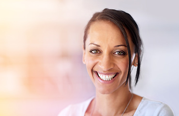 Image showing Woman, portrait and smile for small business, entrepreneur and proud of startup company. Female person, blurred background and happy on mockup space, designer and confident for career opportunity