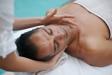 Image showing Spa, man and hands with massage for relax at resort, luxury hotel and vacation for wellness and therapeutic pamper. People, masseuse and body care with facial treatment, hospitality and zen outdoor