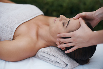 Image showing Spa, woman and hands with massage for wellness at resort, luxury hotel and vacation for relax and therapeutic pamper. People, masseuse and body care with facial treatment, hospitality and zen outdoor