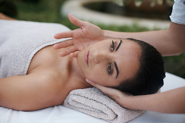 Image showing Spa, woman and face with massage for wellness at resort, luxury hotel and vacation for relax and therapeutic pamper. People, masseuse and body care with facial treatment, hospitality and zen outdoor