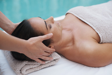 Image showing Hands, skincare and woman by pool for massage at spa, health and wellness for zen, therapy or peace. Female person, lady and relax for wellbeing, body and tranquil on table, calm and natural