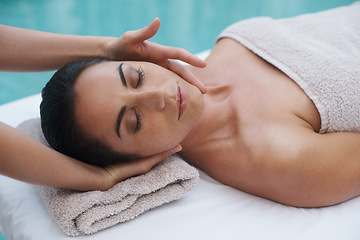 Image showing Hands, woman and pool at spa for massage, health and wellness for zen, skin therapy and peace. Female person, lady and relax for lifestyle, body and luxury on table, calm and natural wellbeing