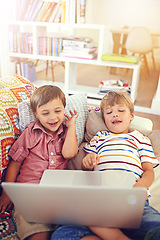Image showing Children, laptop and siblings on a sofa with cartoon, film or streaming movie at home. Computer, learning and boy kids in a house for google it, search or ebook storytelling, app or Netflix and chill