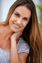 Image showing Antiaging, skincare and portrait of woman with beauty outdoor with a smile for natural glow on skin. Confidence, cosmetics and person with healthy dermatology or makeup on holiday or vacation