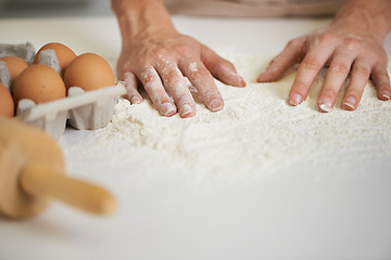 Image showing Baking, kitchen and hands with eggs with flour for cake, bread and pastry preparation in home. Culinary, baker and closeup of ingredients, wheat and person for recipe, dough and food on counter