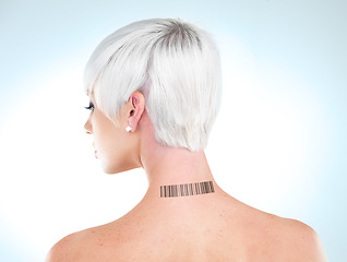 Image showing Back, woman and barcode on her neck, data and registration on a blue studio background. Model, mockup space and innovation with tech and cyber with ai and futuristic with automation and serial number